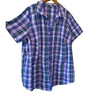 Woman Within Cottage Core Purple & Pink Gingham Short Sleeve Button Up Top 18/20